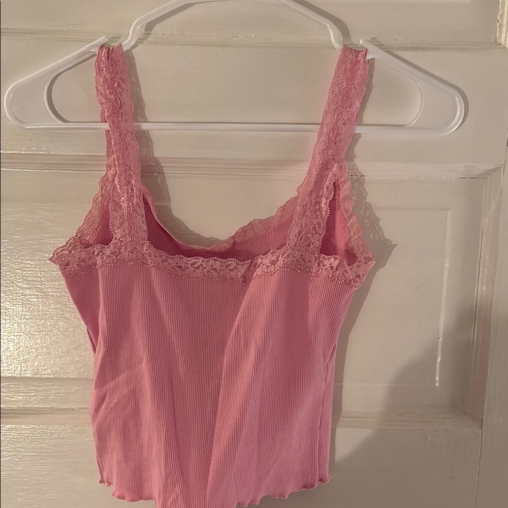 Pink Lace Trim Ribbed Tank Top - Picture 3 of 3